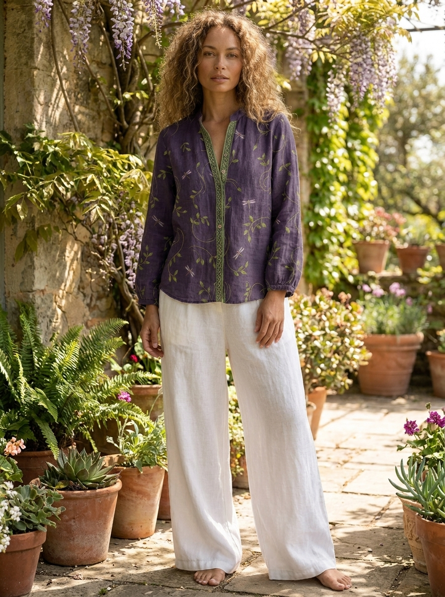 Cosette boho linen blouse styled in a sunlit bohemian garden terrace