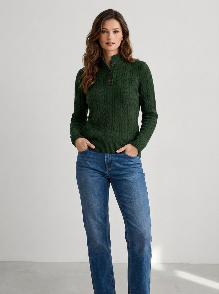 Henriette Women's Cable Knit Mock-Neck Button Sweater in Green, full-body studio