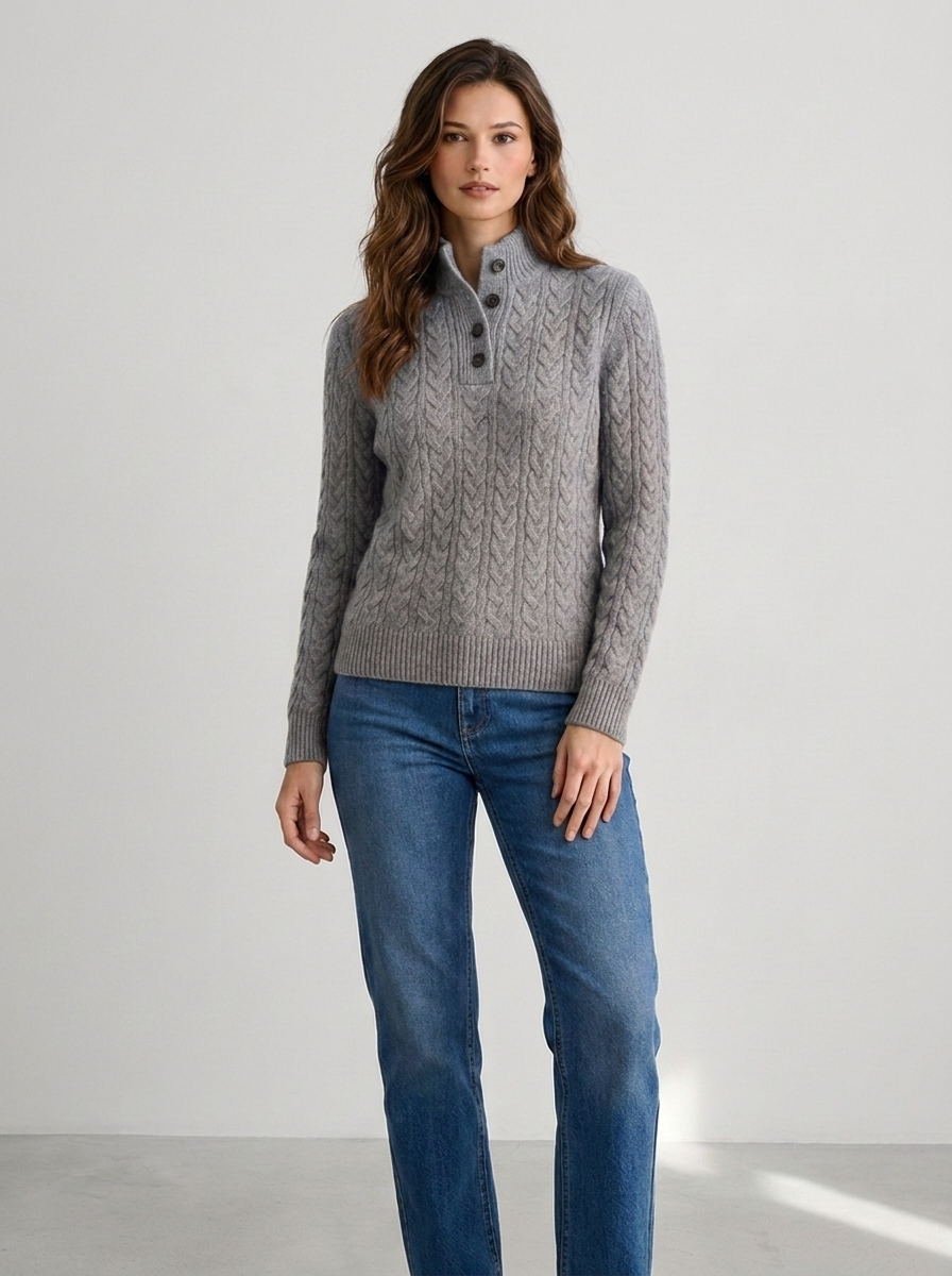 Henriette Women's Cable Knit Mock-Neck Button Sweater in Grey, full-body studio