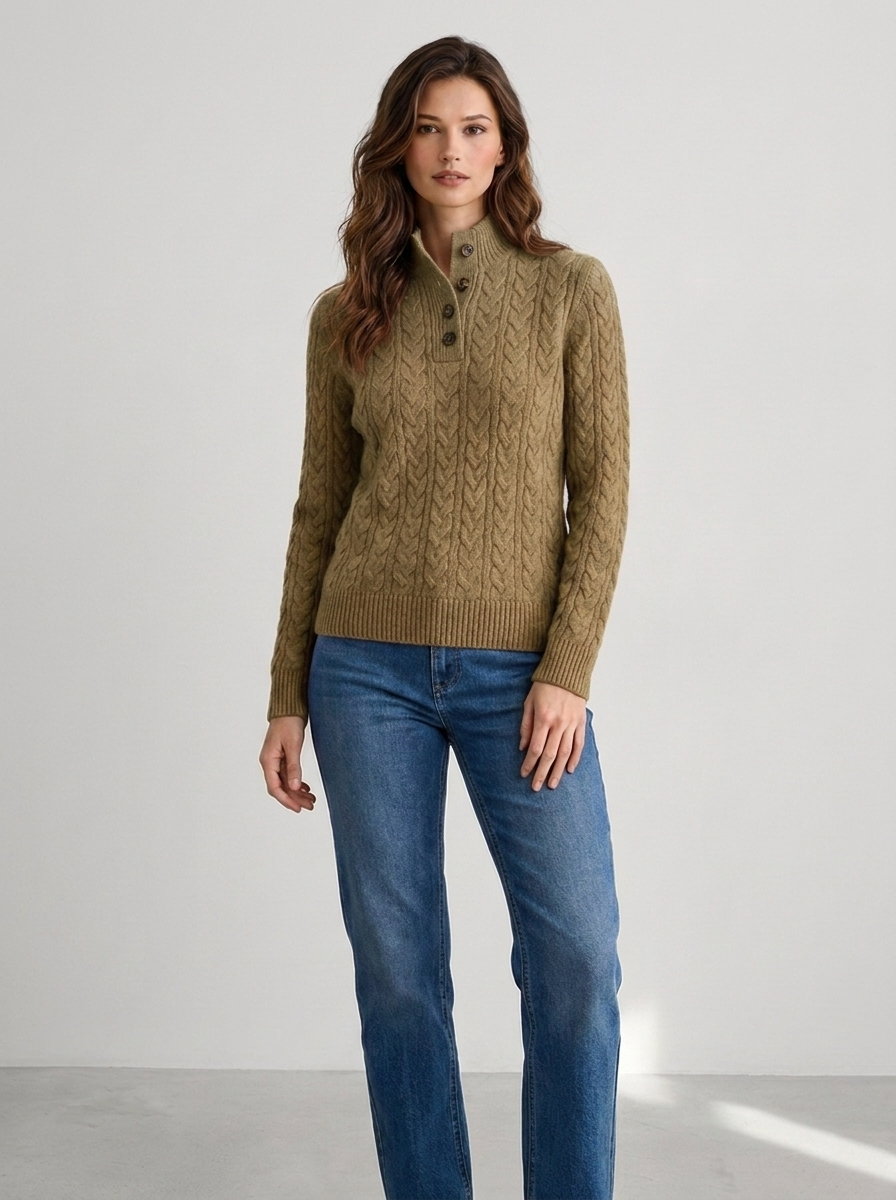 Henriette Women's Cable Knit Mock-Neck Button Sweater in Khaki, full-body studio
