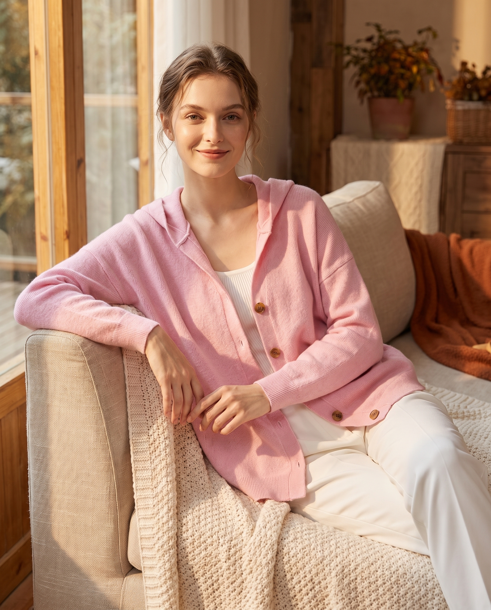 Woman relaxing on a linen sofa in a cozy autumn interior wearing the pink hooded knit cardigan