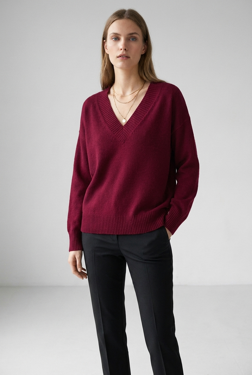 Solene V-neck relaxed fit cashmere blend sweater in red, full-body studio