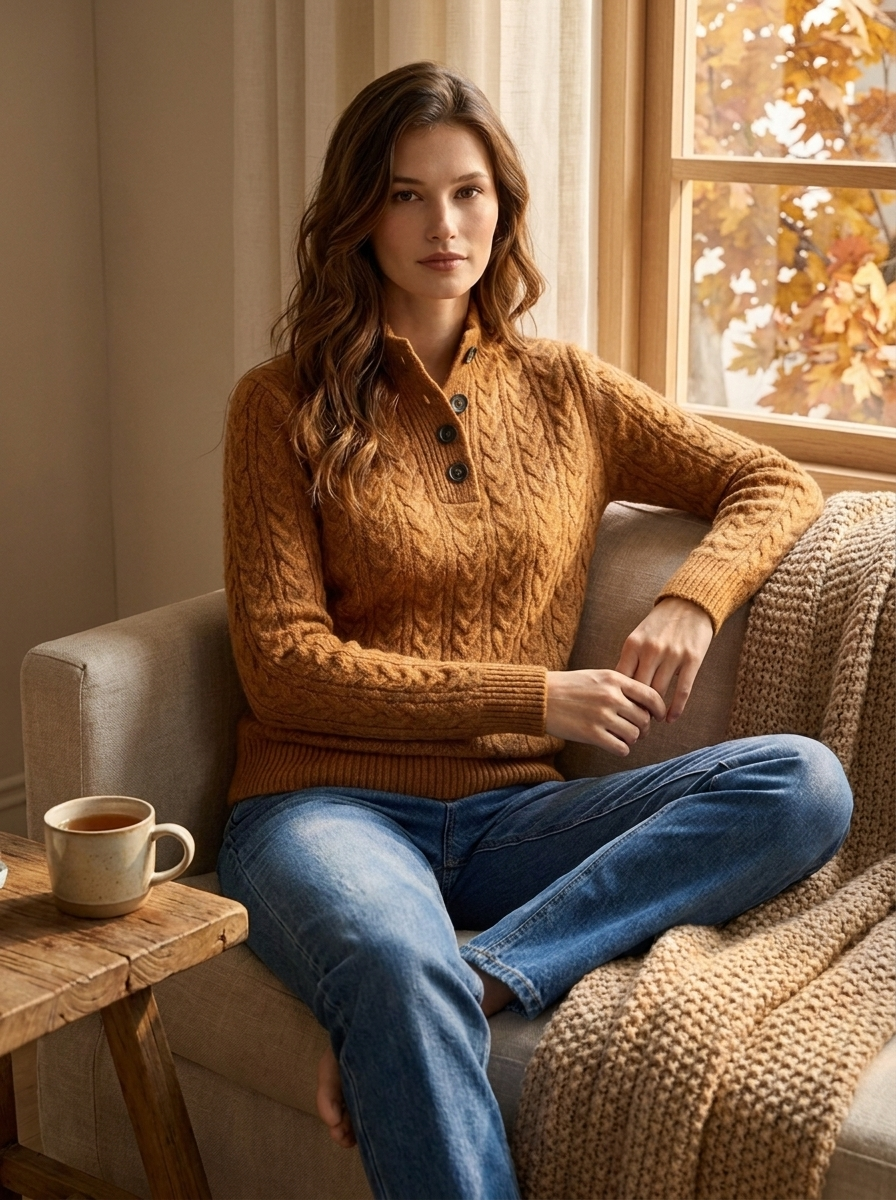 Henriette Cable Knit Sweater styled in cozy autumn interior with warm window light
