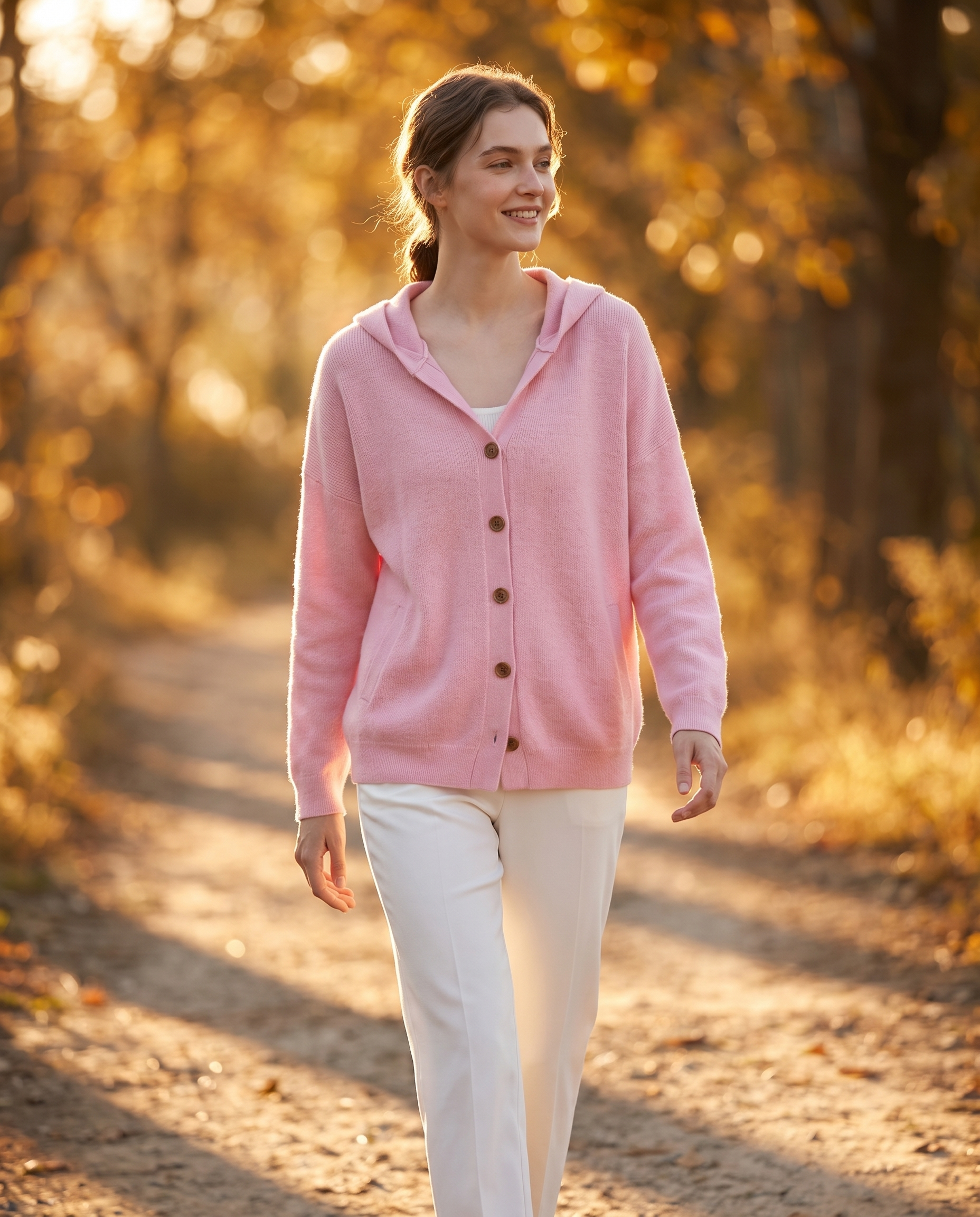 Woman walking outdoors at golden hour on an autumn path wearing the pink hooded knit cardigan