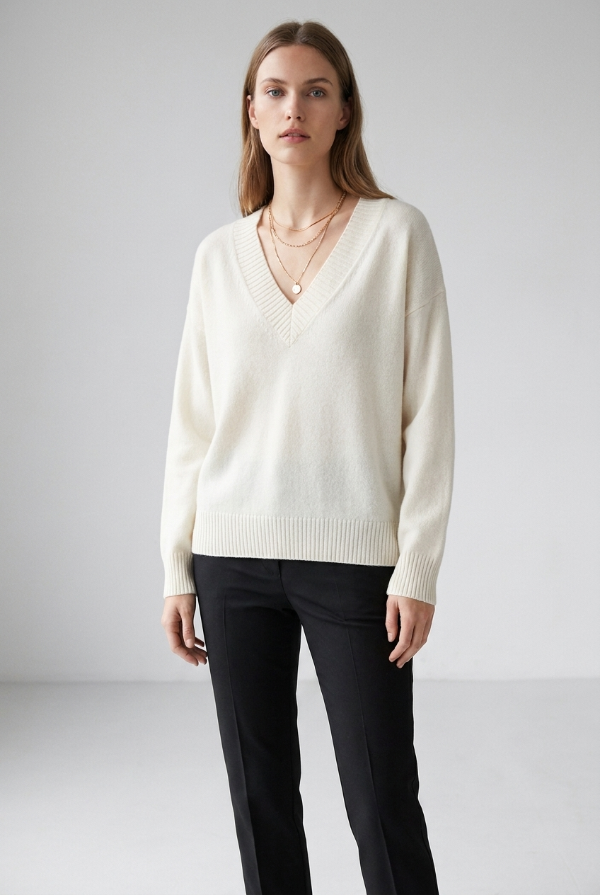 Solene V-neck relaxed fit cashmere blend sweater in white, full-body studio