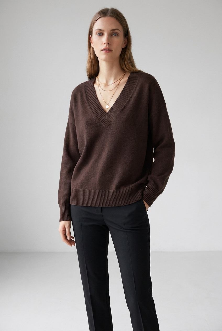 Solene V-neck relaxed fit cashmere blend sweater in auburn brown, full-body studio