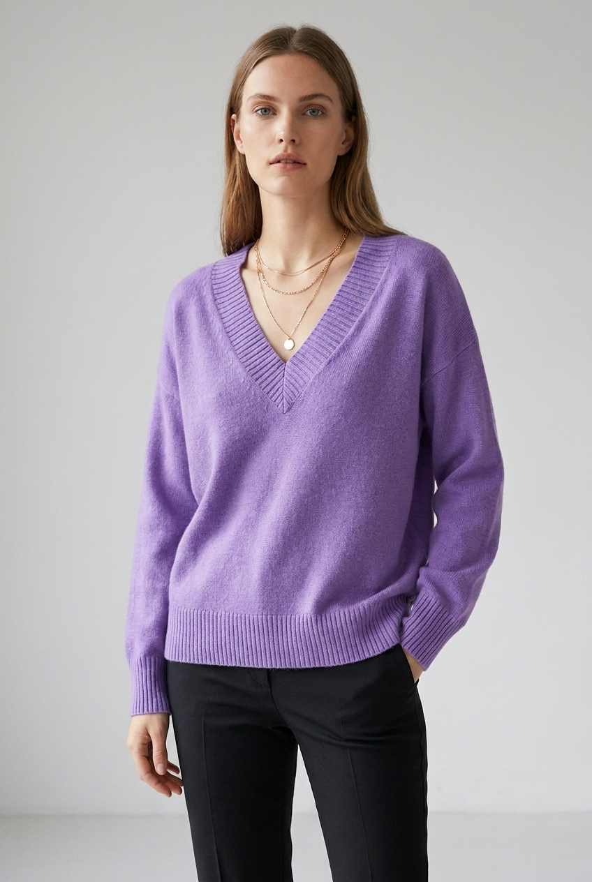 Solene V-neck relaxed fit cashmere blend sweater in purple, full-body studio
