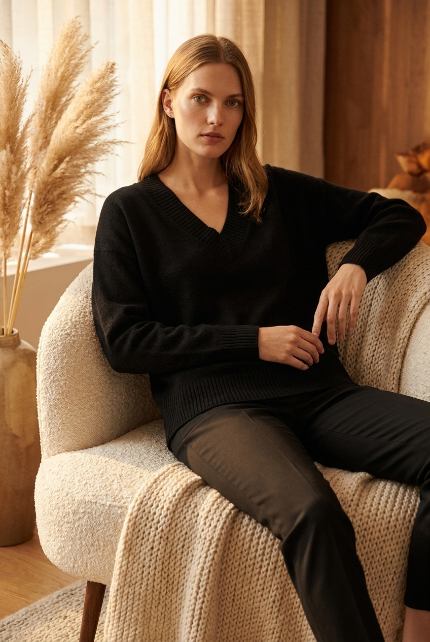 Solene V-neck cashmere blend sweater styled in a cozy autumn interior with warm window light