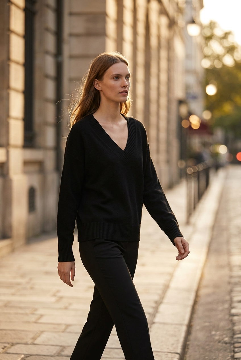 Solene V-neck cashmere blend sweater golden-hour city street-style editorial