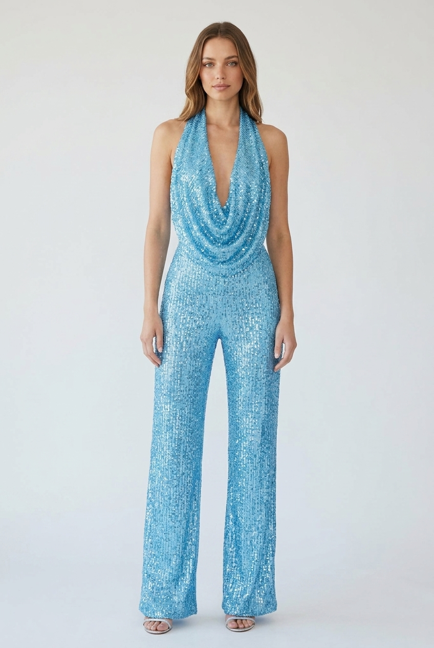 Ottoline | Women's Sequin Halter Cowl-Neck Wide-Leg Jumpsuit