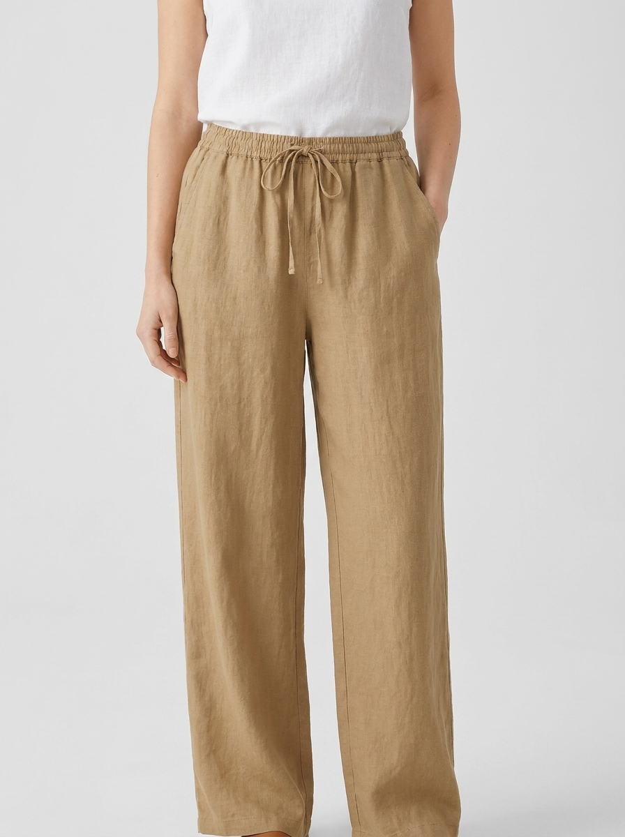 Cordelia women's khaki linen wide-leg drawstring trousers, front view