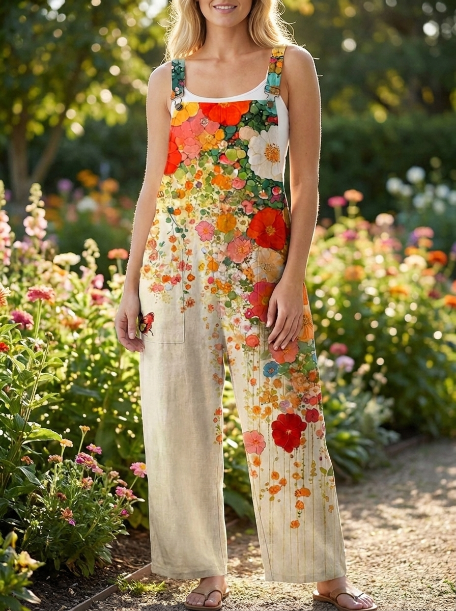 Women's floral print sleeveless wide-leg jumpsuit - summer garden
