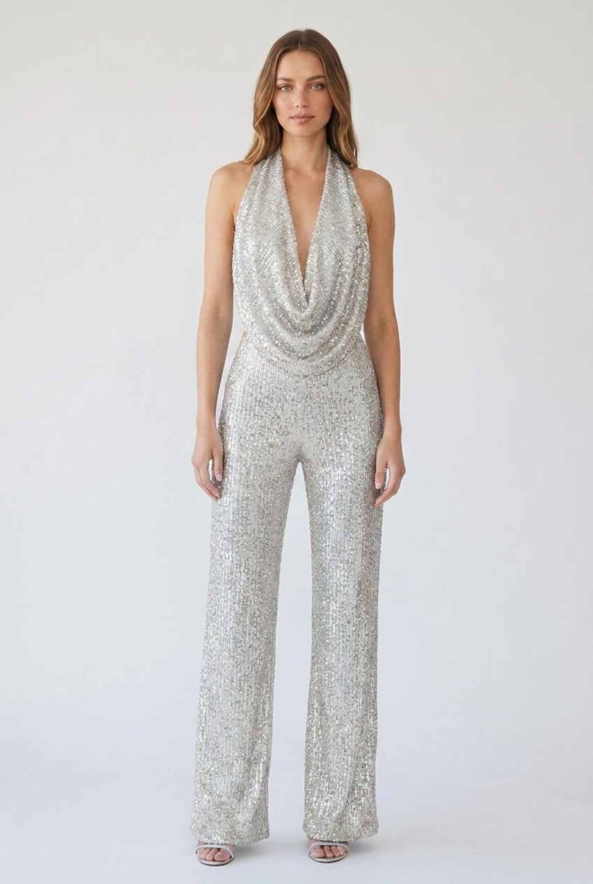 Woman wearing silver sequin cowl halter wide-leg jumpsuit, front view