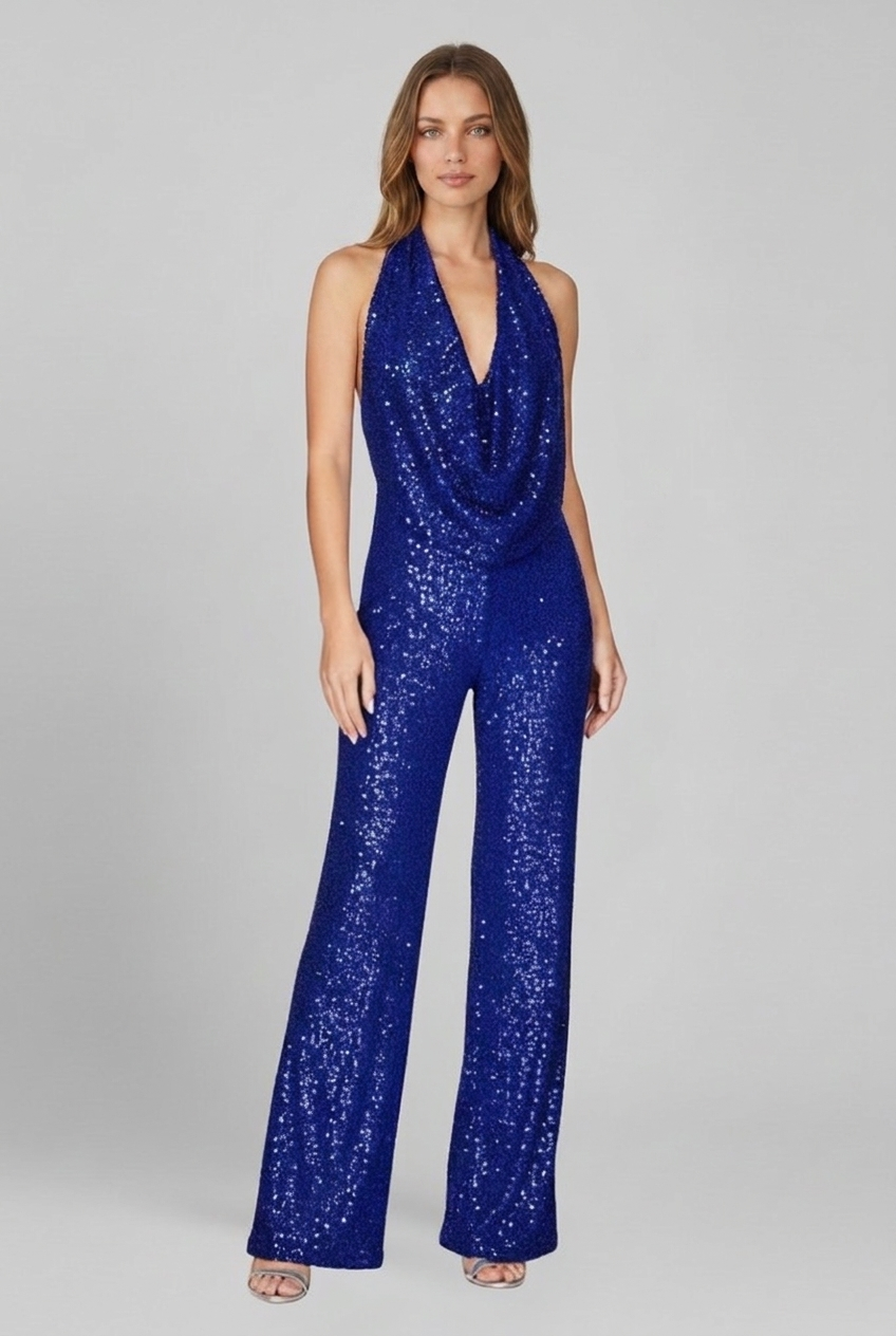Woman wearing blue sequin cowl halter wide-leg jumpsuit, front view
