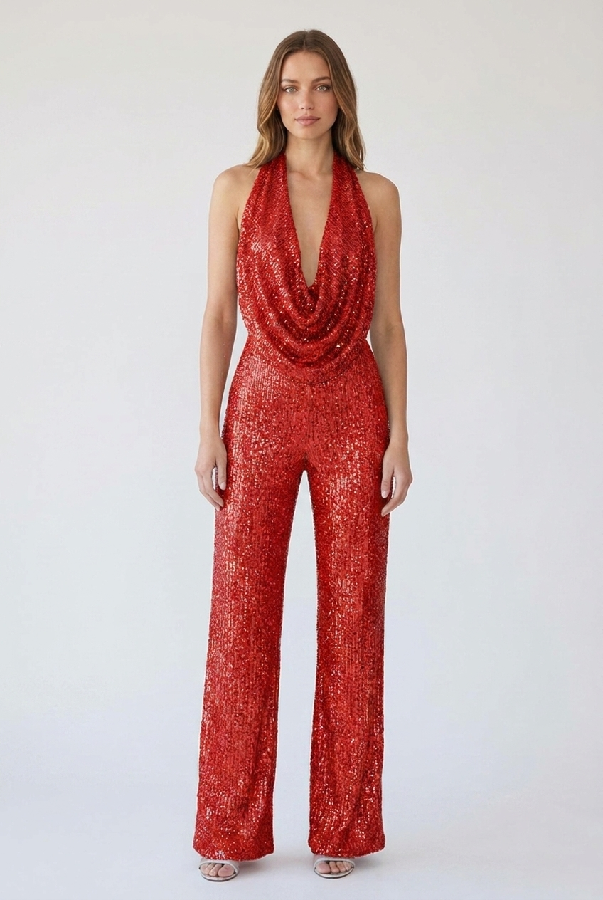 Woman wearing red sequin cowl halter wide-leg jumpsuit, front view