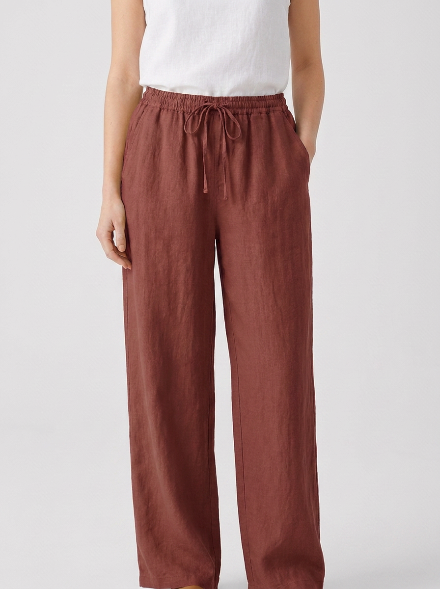 Cordelia women's wine red linen wide-leg drawstring trousers, front view