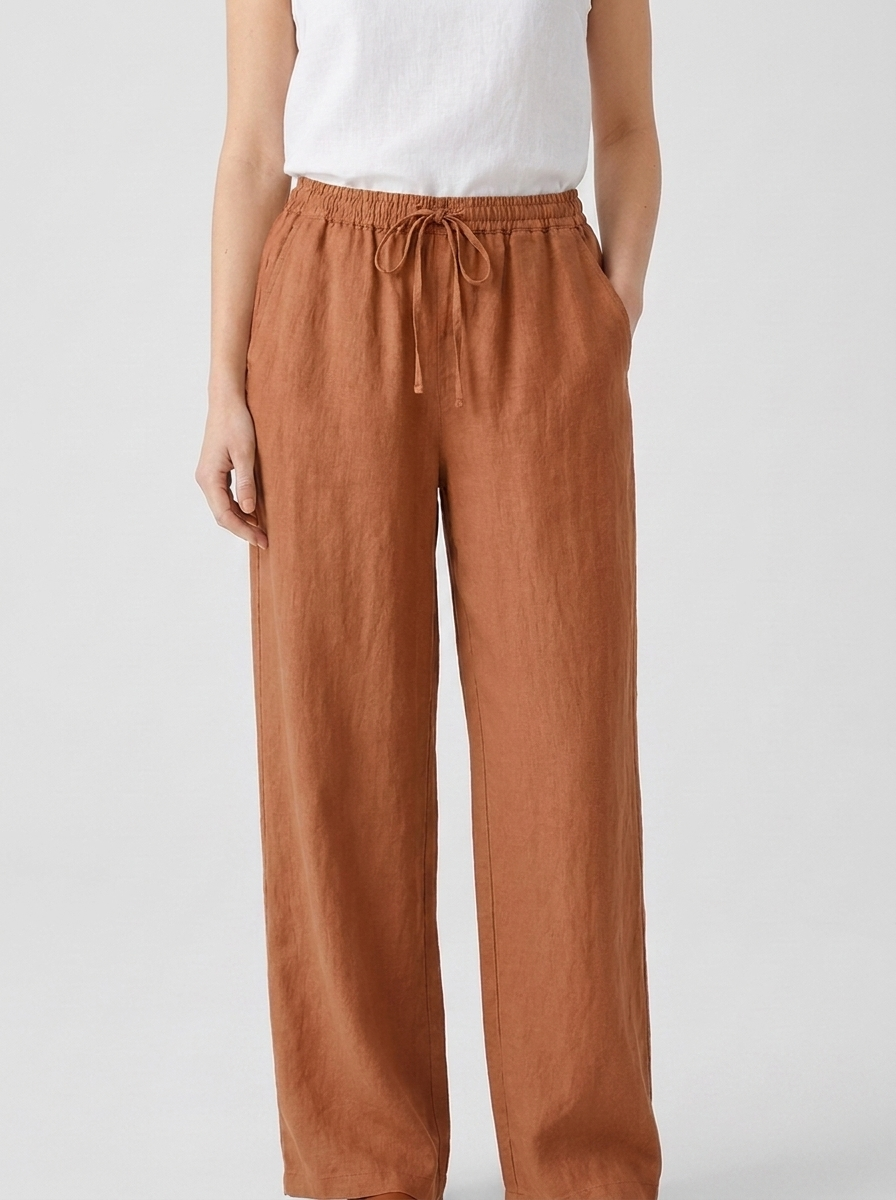 Cordelia women's orange linen wide-leg drawstring trousers, front view
