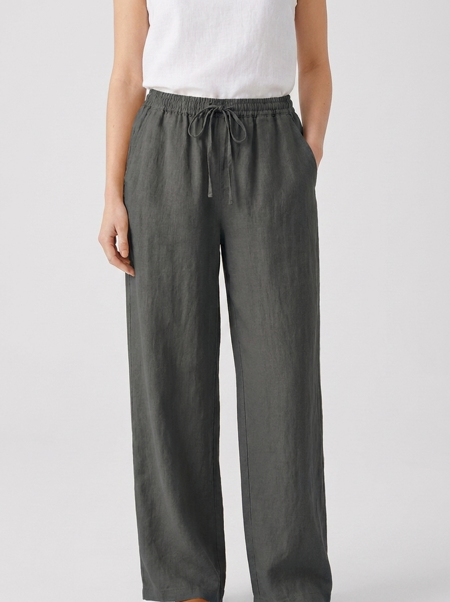 Cordelia women's dark gray linen wide-leg drawstring trousers, front view