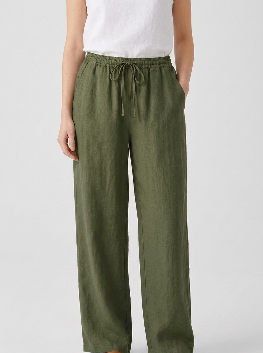Cordelia women's green linen wide-leg drawstring trousers, front view