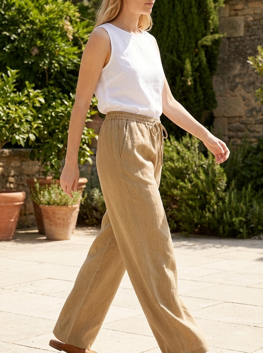Woman in khaki linen wide-leg drawstring trousers walking through a sunlit summer garden