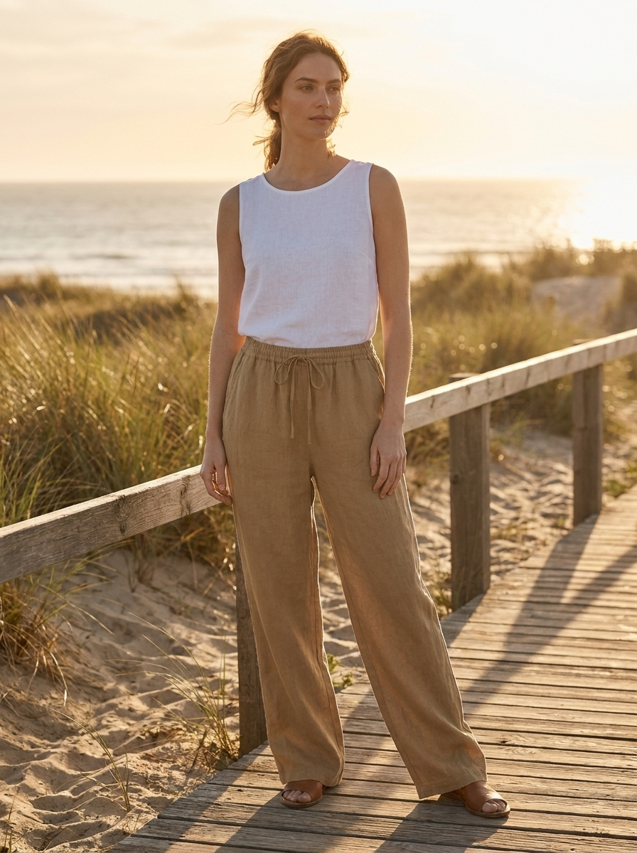 Woman in khaki linen wide-leg drawstring trousers on a coastal boardwalk at golden hour