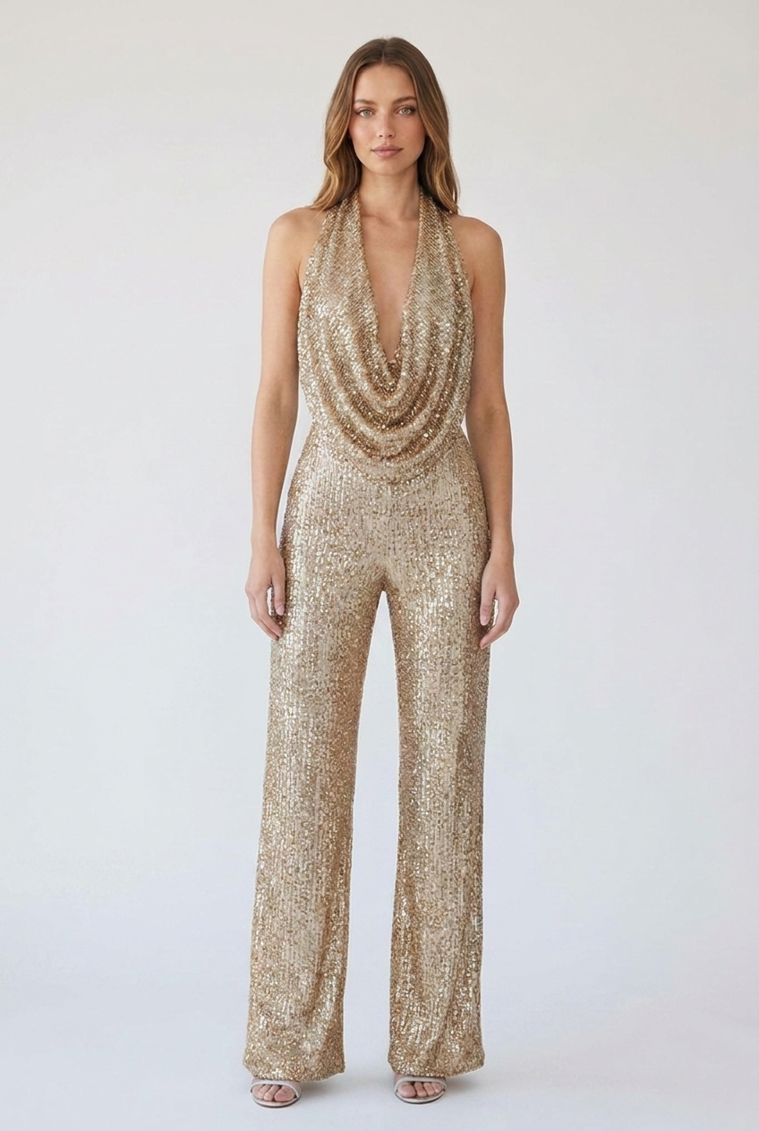 Woman wearing gold sequin cowl halter wide-leg jumpsuit, front view