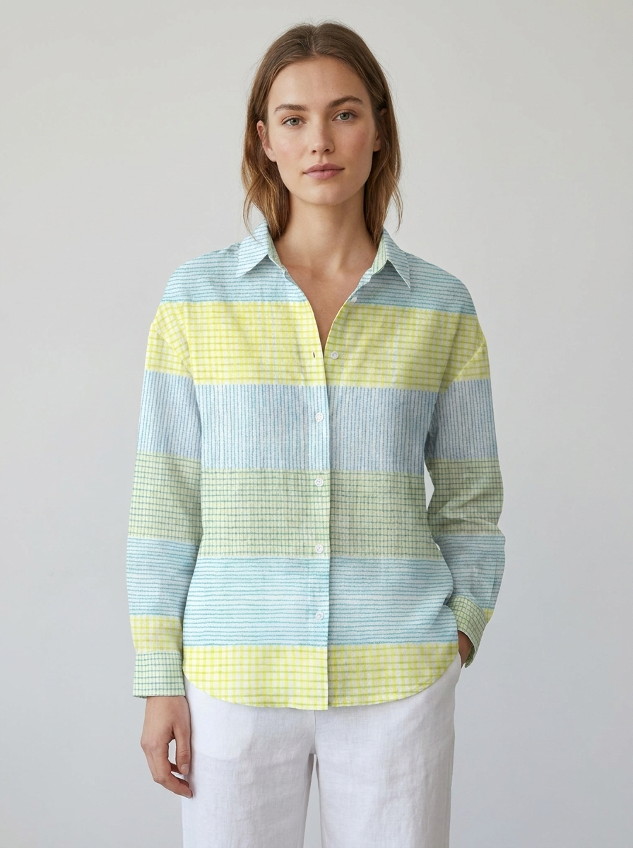 Women's pastel grid check button-front blouse, front view