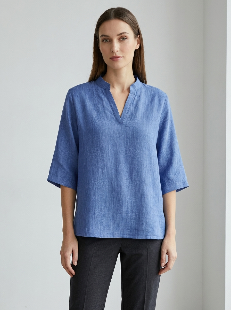 Estelle women's blue linen V-neck three-quarter sleeve tunic blouse