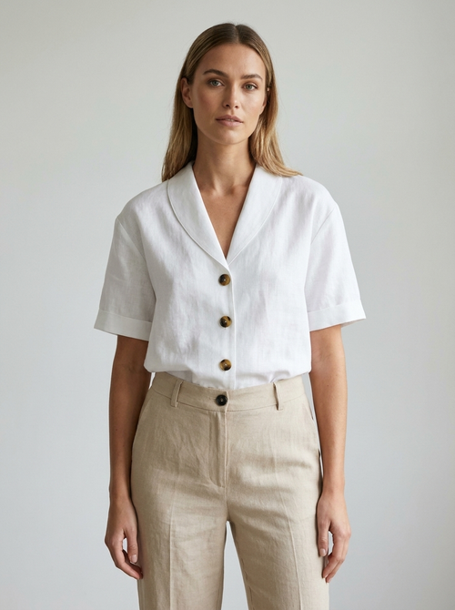 Adelaide women's relaxed-fit white linen shawl-collar blouse front view