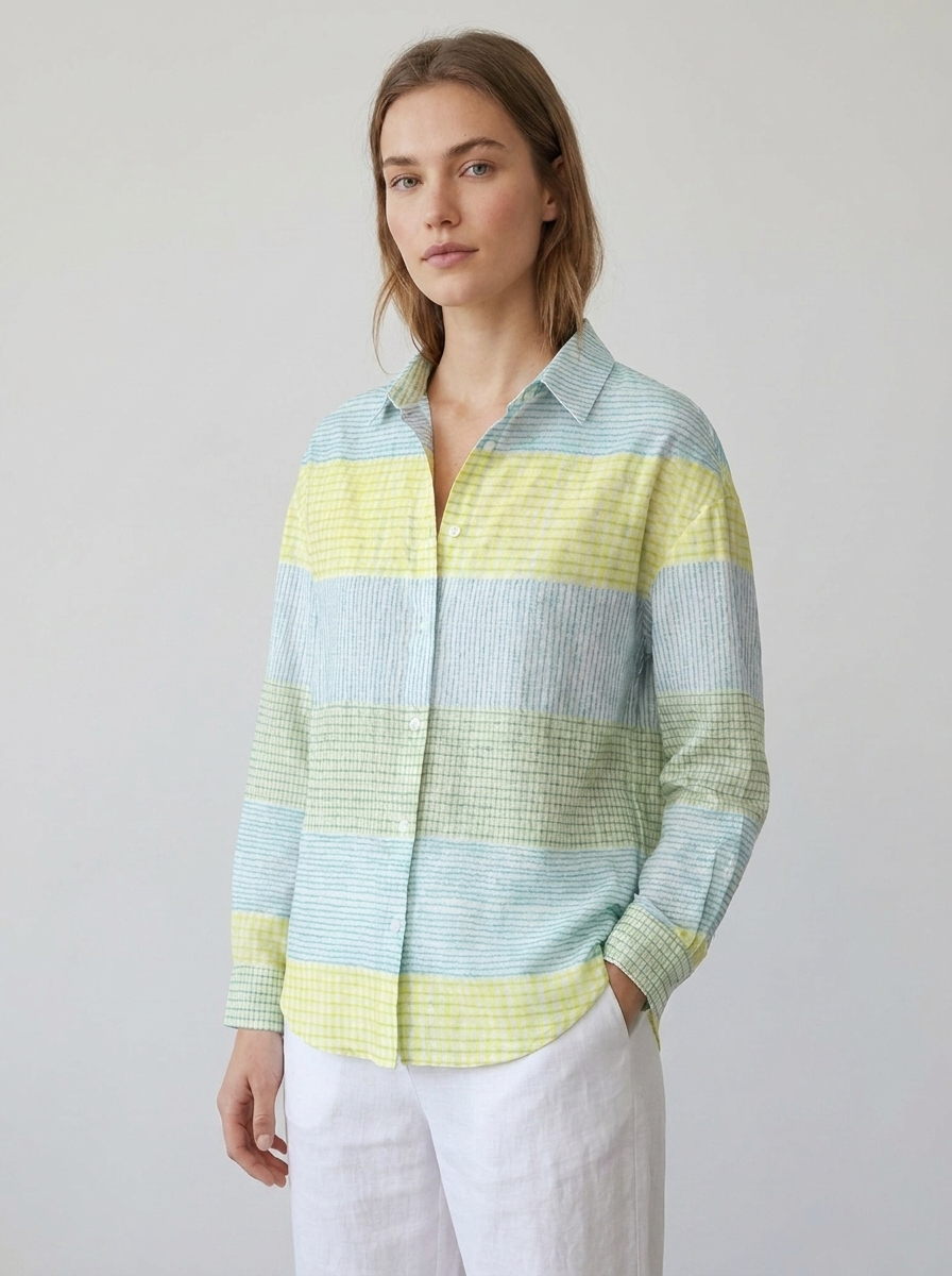 Women's pastel grid check button-front blouse, three-quarter view