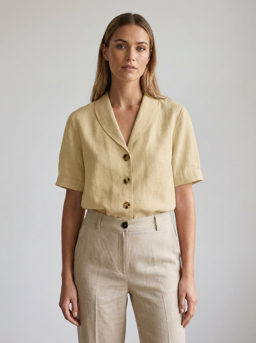 Adelaide women's relaxed-fit beige linen shawl-collar blouse front view
