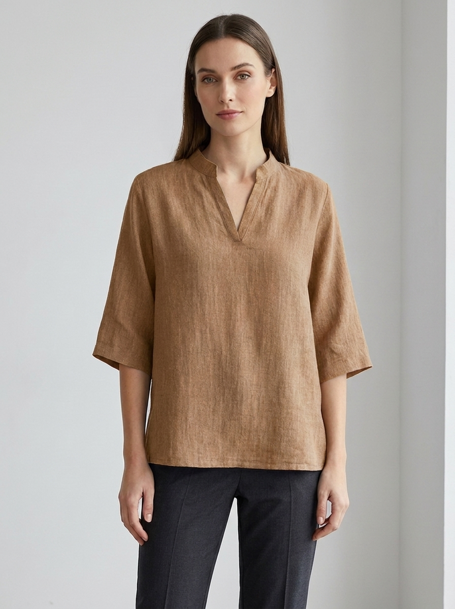 Estelle women's brown linen V-neck three-quarter sleeve tunic blouse