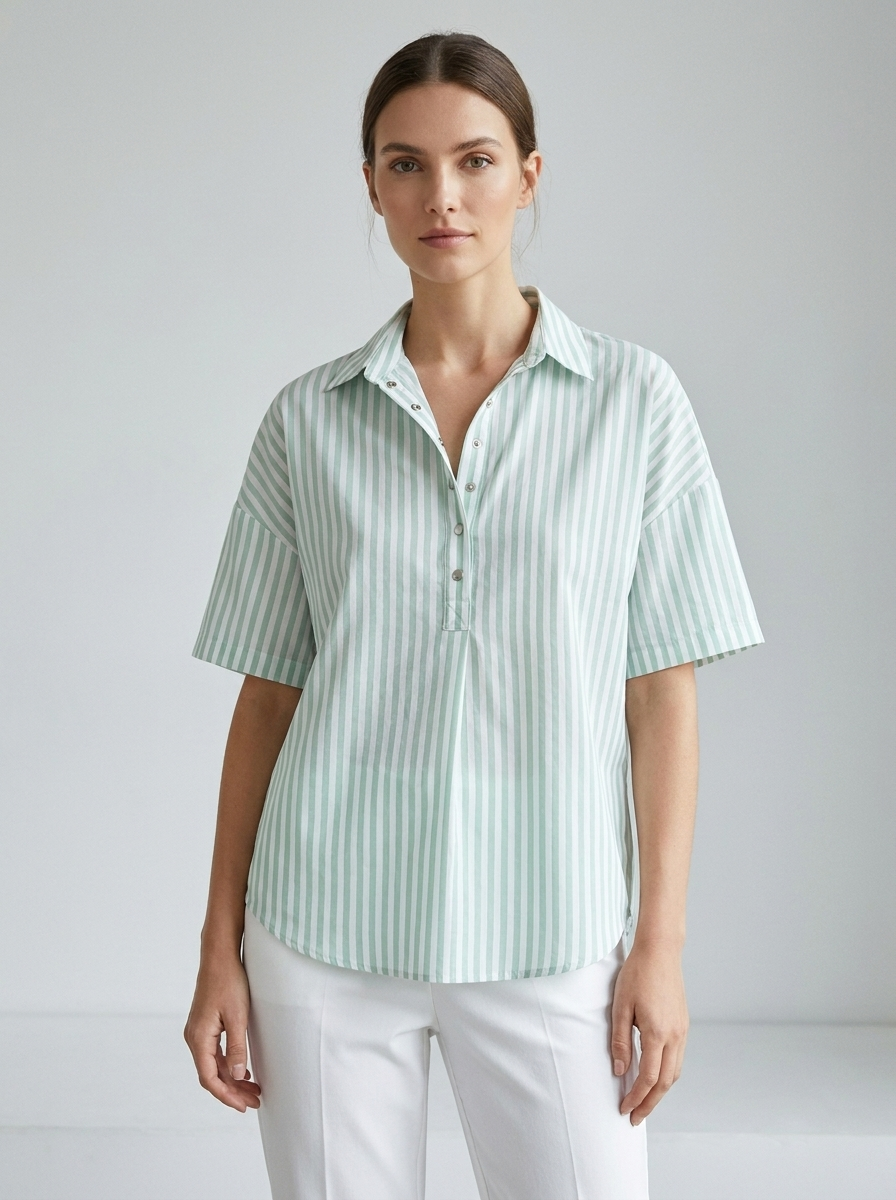 Georgette women's striped collared short-sleeve blouse in Light Green