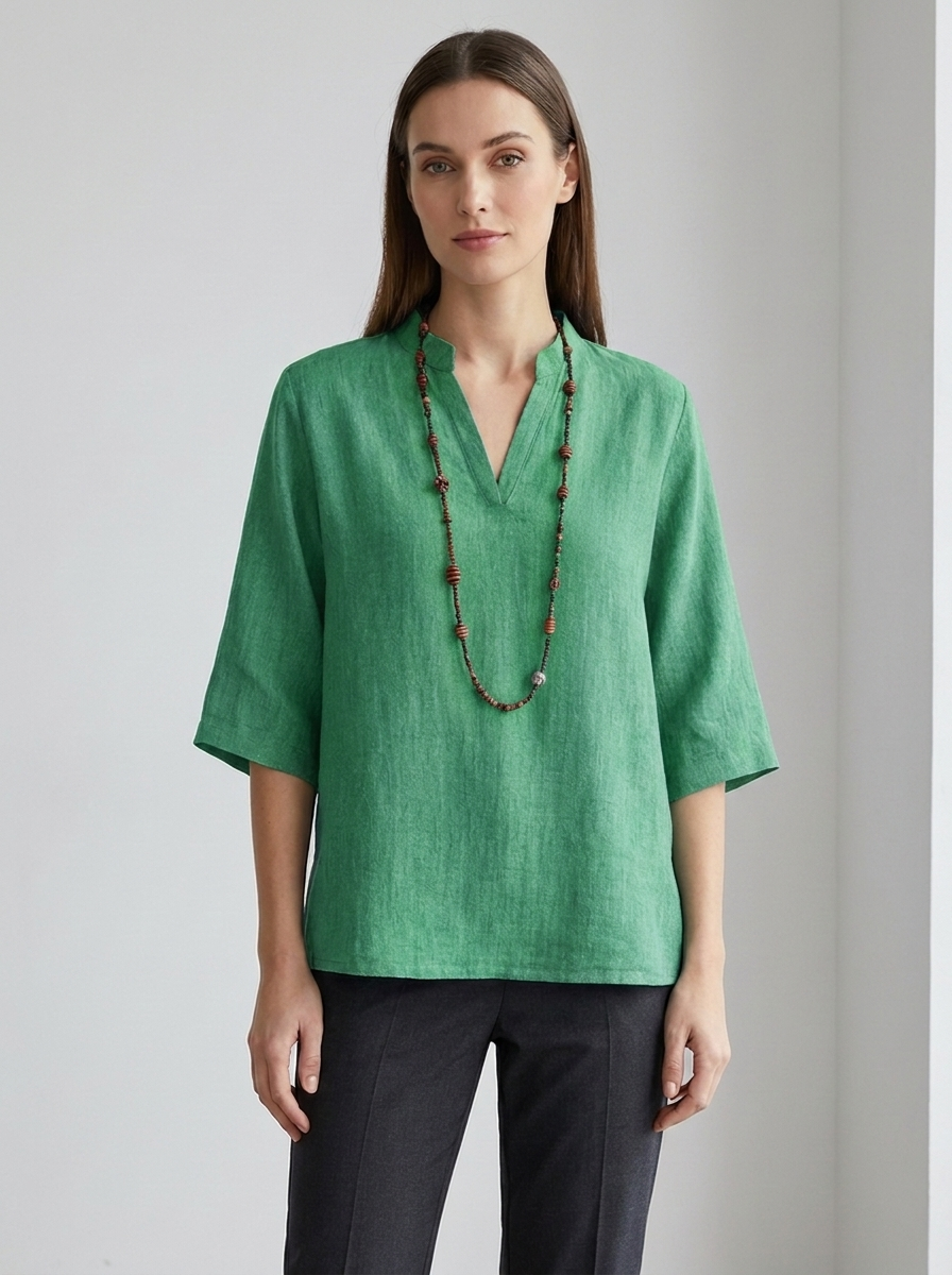 Estelle women's green linen V-neck three-quarter sleeve tunic blouse