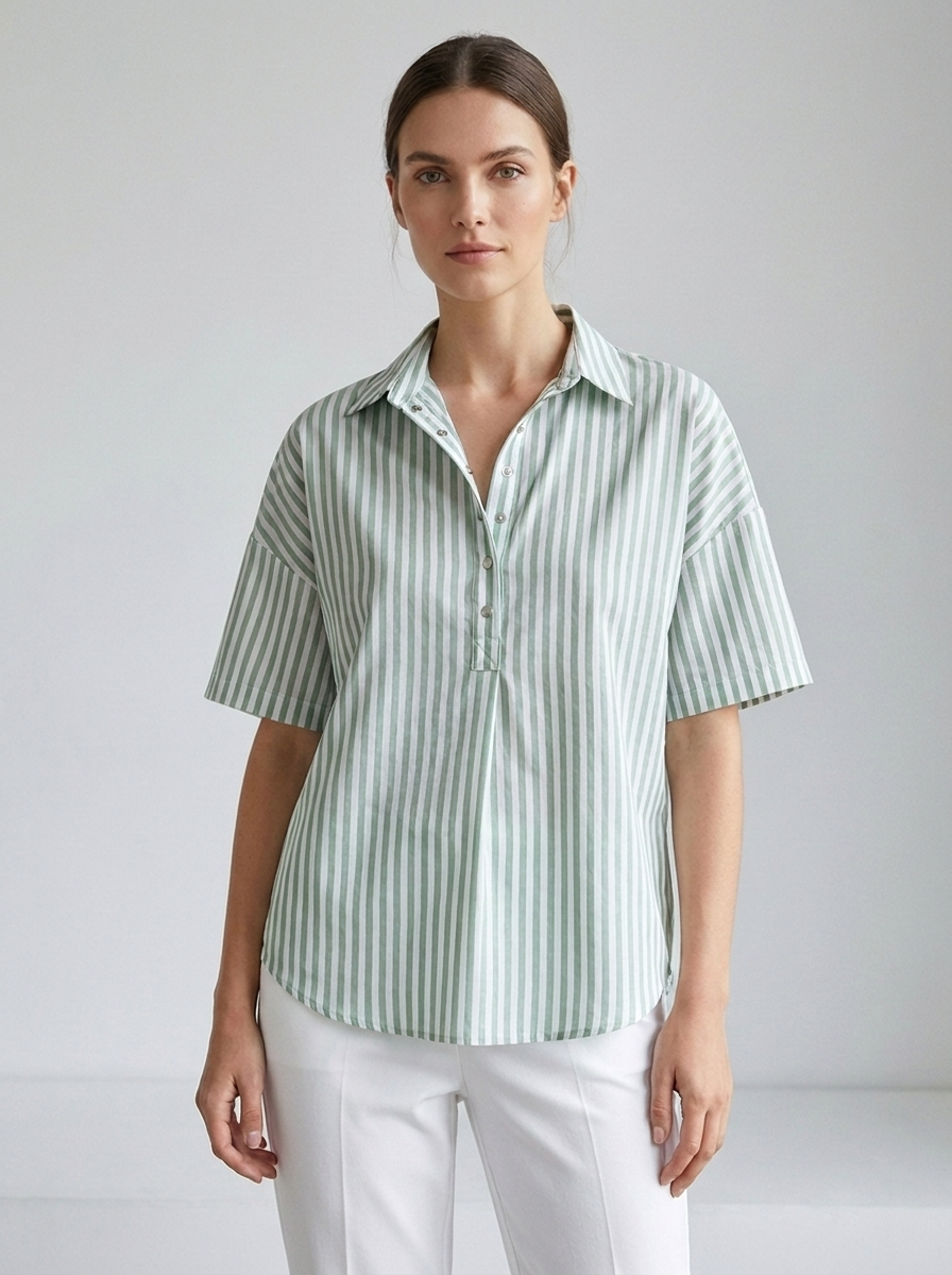 Georgette women's striped collared short-sleeve blouse in Dark Green