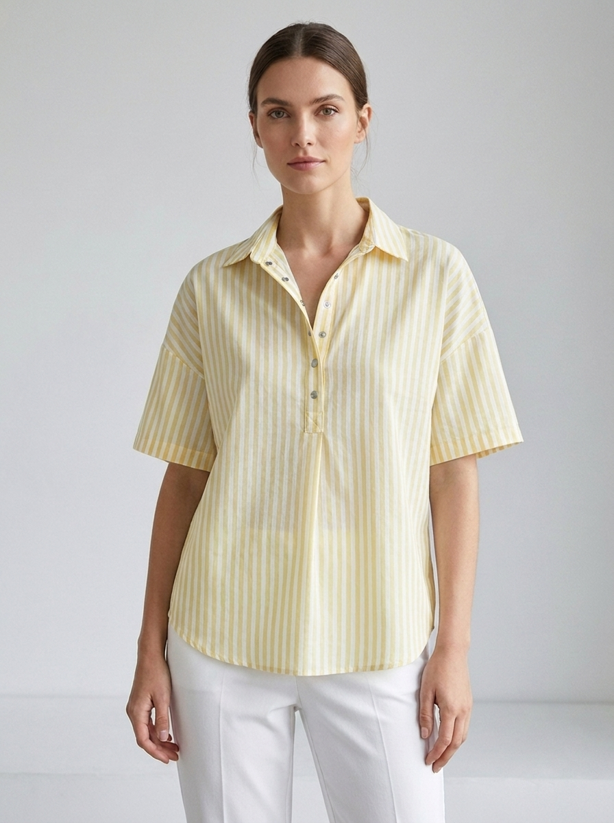 Georgette women's striped collared short-sleeve blouse in Yellow
