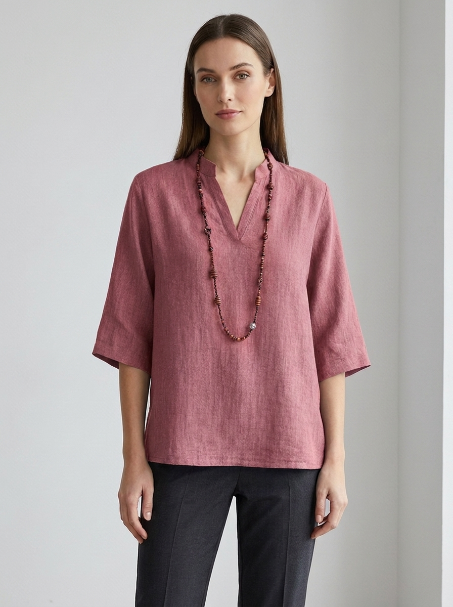 Estelle women's pink linen V-neck three-quarter sleeve tunic blouse