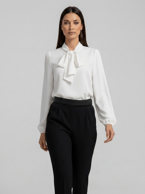 Apolline women's pussybow bow-tie neck blouse in pure white, full-body studio