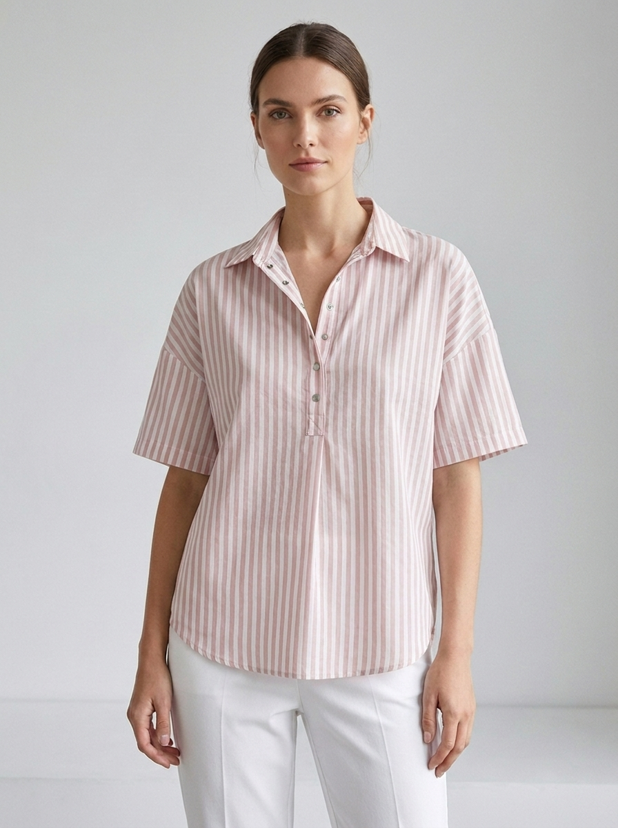 Georgette women's striped collared short-sleeve blouse in Pink