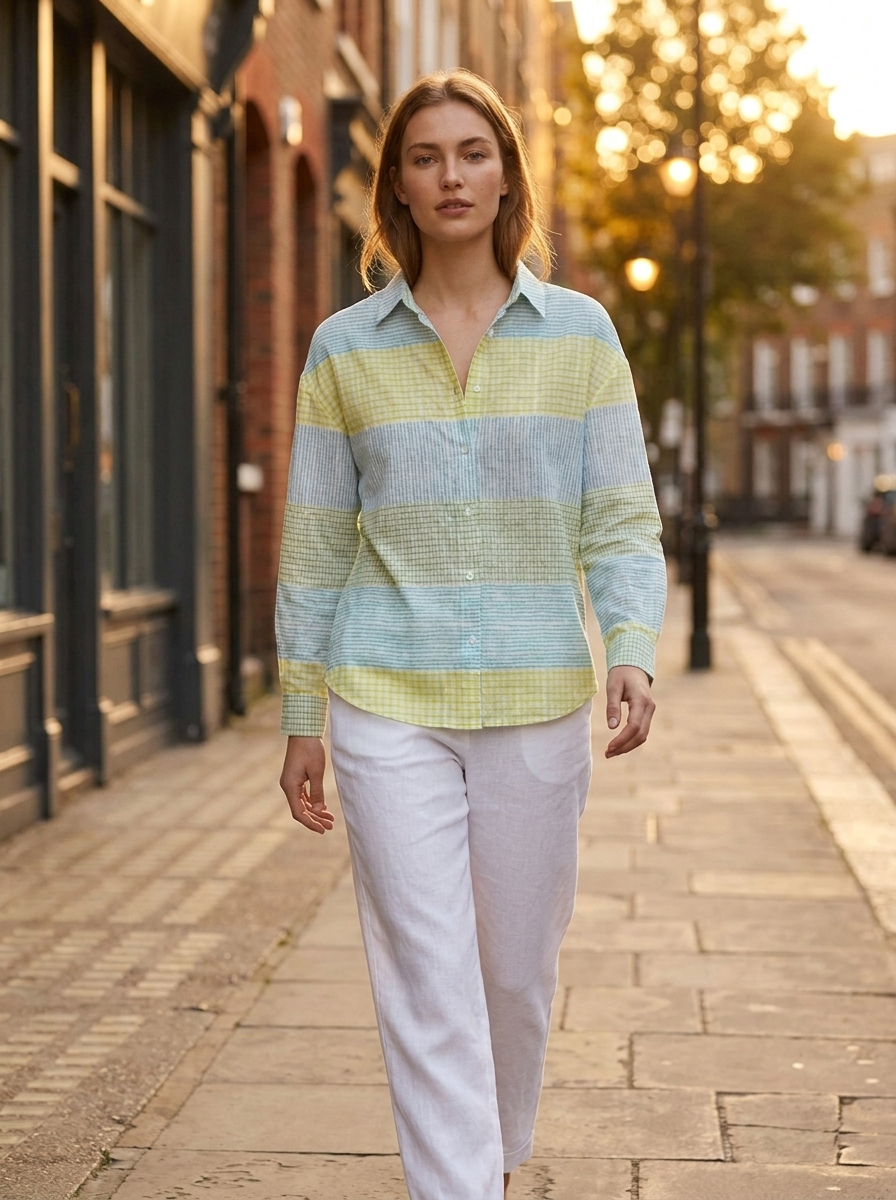 Woman walking in pastel grid check blouse at golden hour