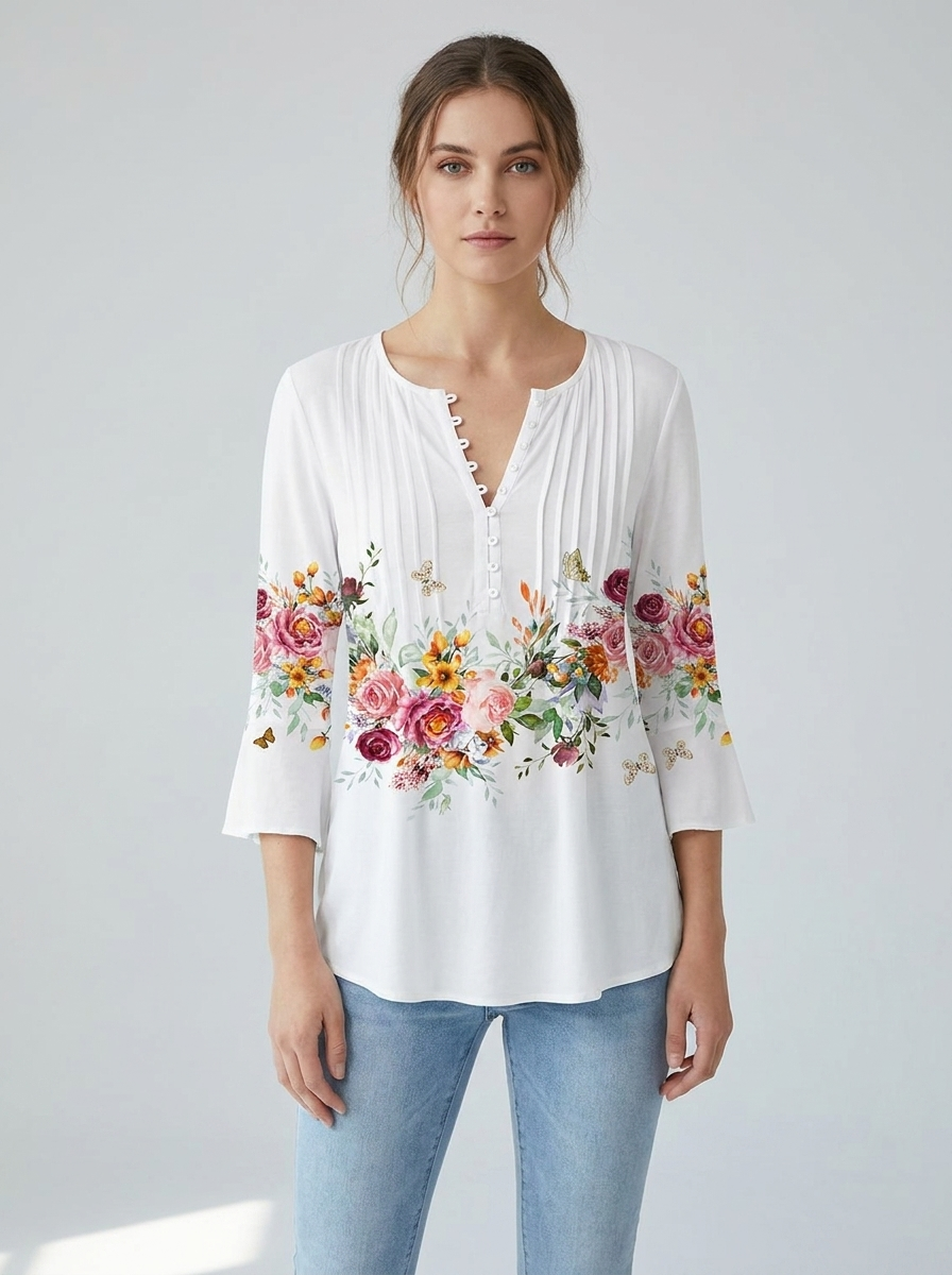 Woman wearing white floral long-sleeve henley blouse, front view