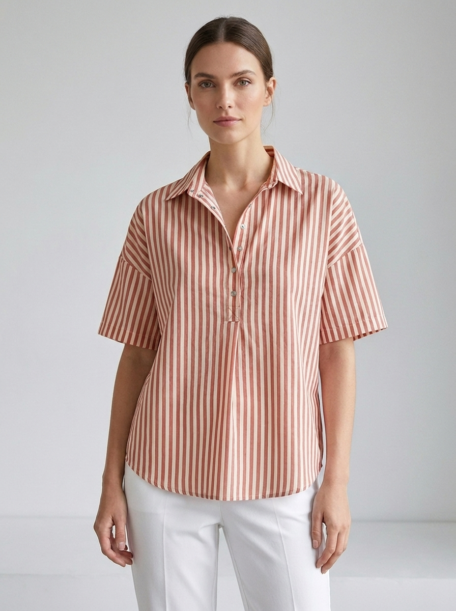 Georgette women's striped collared short-sleeve blouse in Red