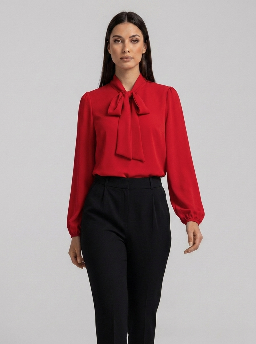 Apolline women's pussybow bow-tie neck blouse in scarlet red, full-body studio