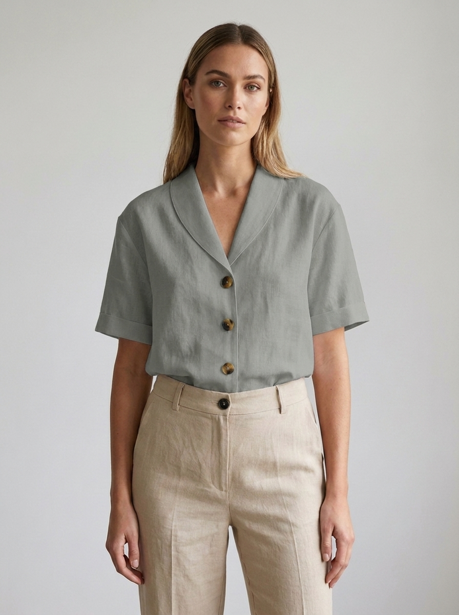 Adelaide women's relaxed-fit sage-grey linen shawl-collar blouse front view