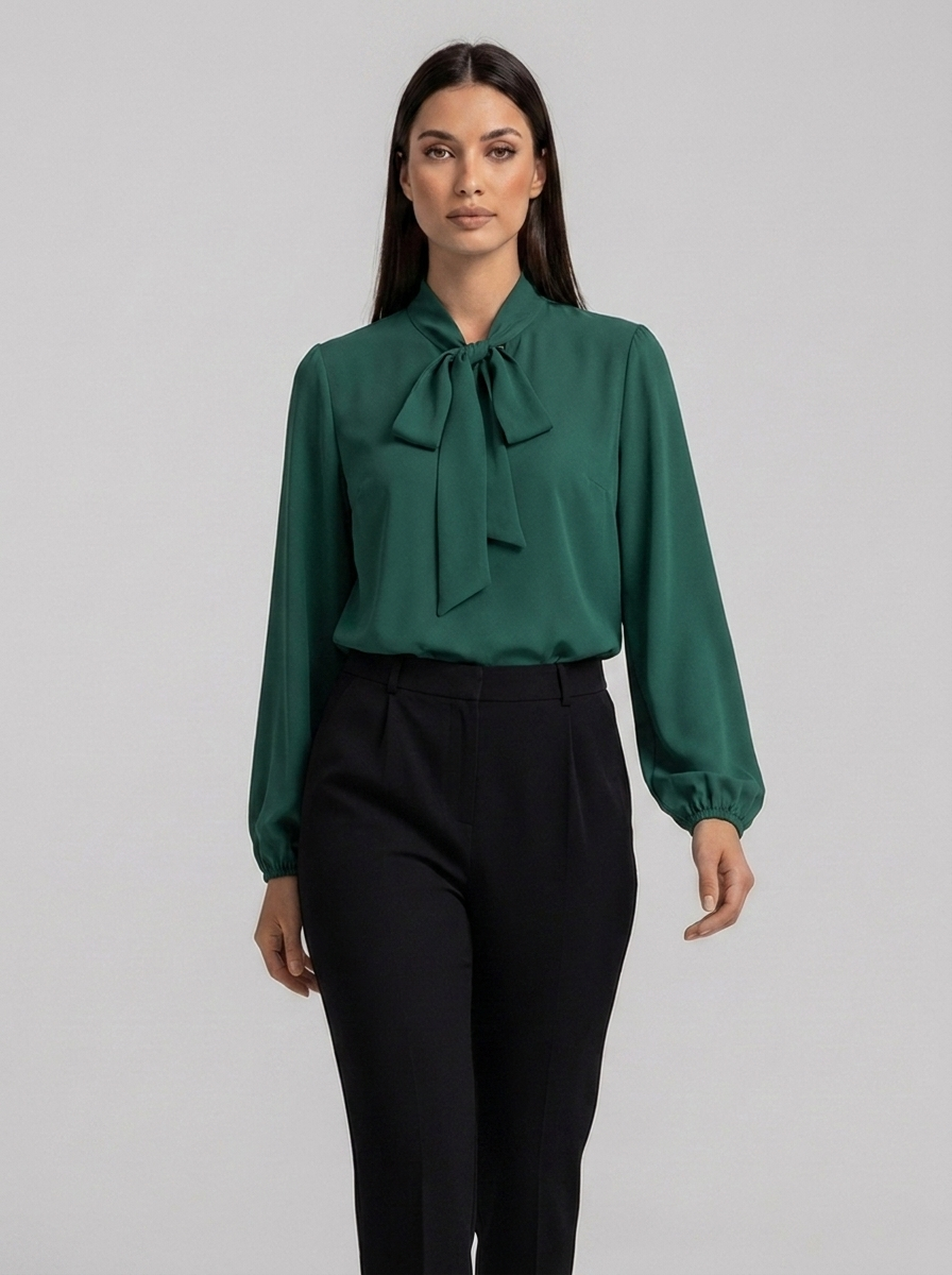 Apolline women's pussybow bow-tie neck blouse in forest green, full-body studio
