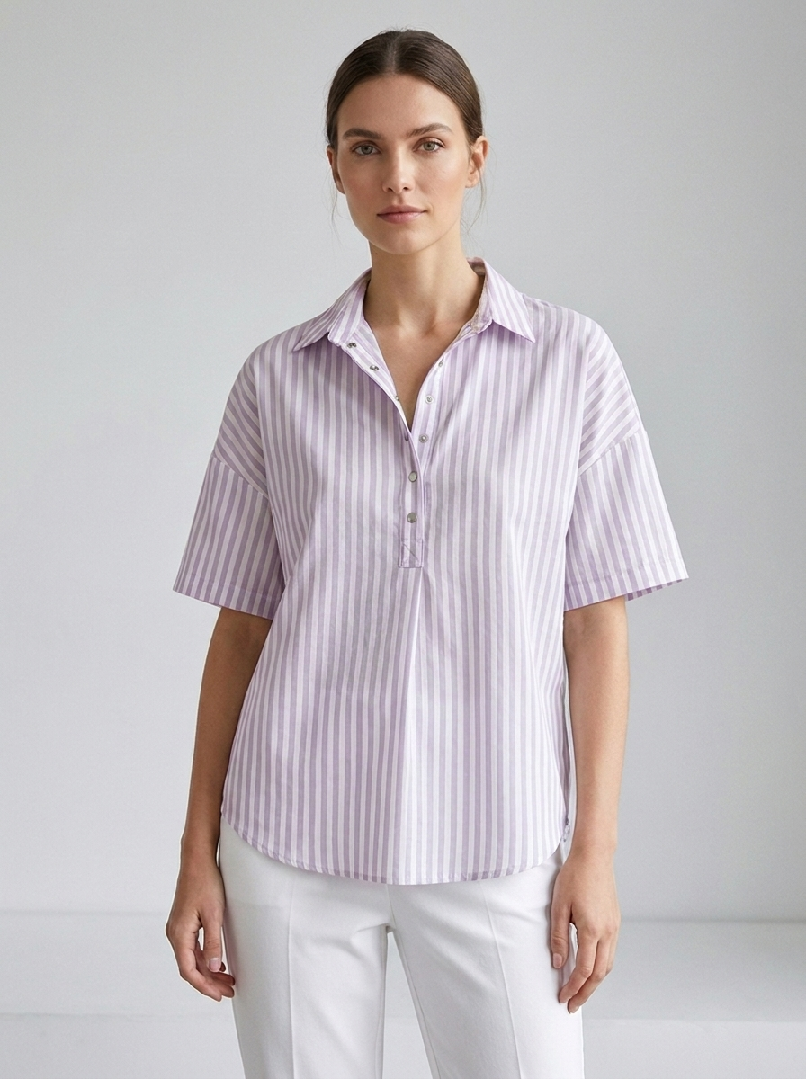 Georgette women's striped collared short-sleeve blouse in Purple