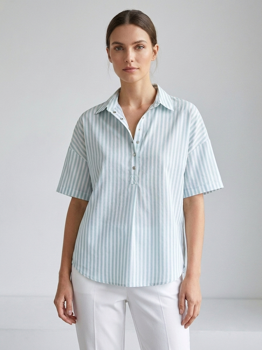 Georgette women's striped collared short-sleeve blouse in Blue