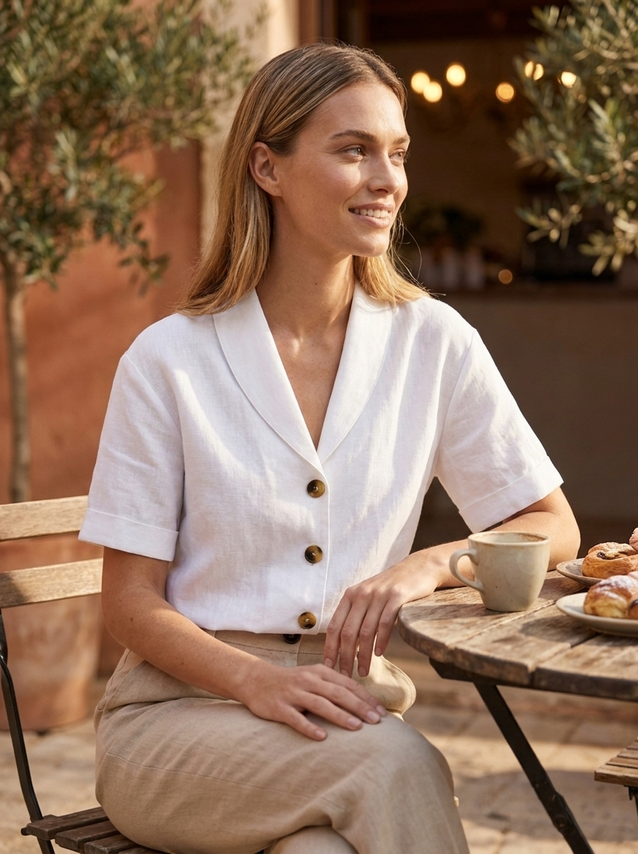 Woman in white linen collared blouse at sunlit café brunch