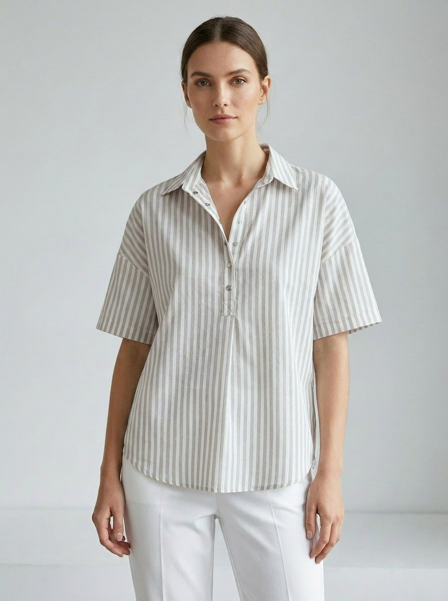 Georgette women's striped collared short-sleeve blouse in Grey