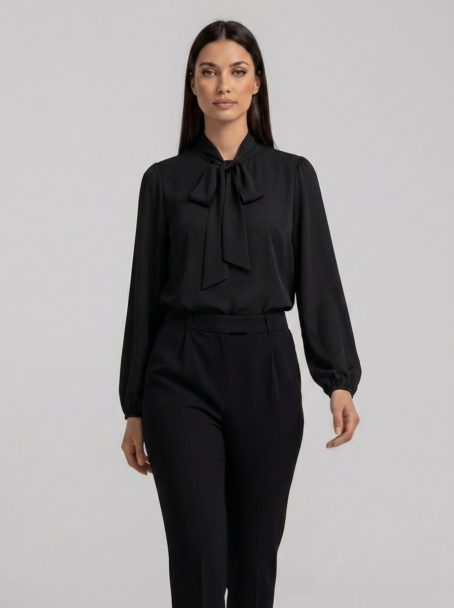 Apolline women's pussybow bow-tie neck blouse in jet black, full-body studio